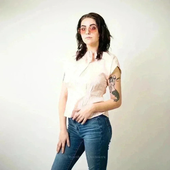 Vintage 80s Pastel Pink Short Sleeve Bow Tie Button Up Blouse - Picture 6 of 11